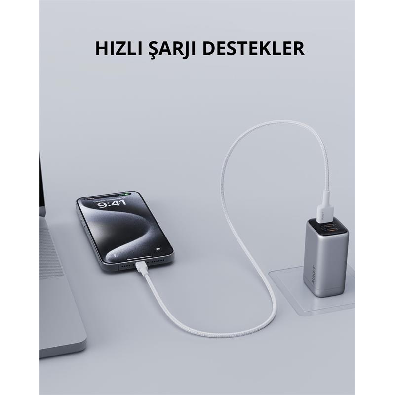 AUKEY CB-BAL7-WH NAYLON ÖRGÜLÜ USB-A LİGHTNİNG KABLOSU 0.9MT -13929