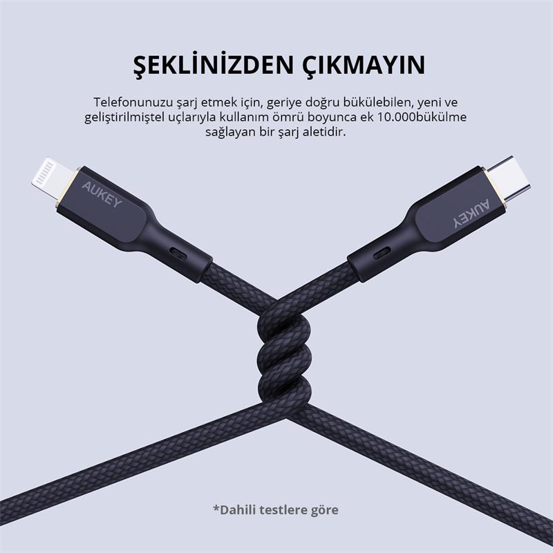 AUKEY CB-NCL1-BK NAYLON ÖRGÜLÜ 3A 480MBPS TYPE-C LIGHTNING KABLOSU 1.8MT -13880