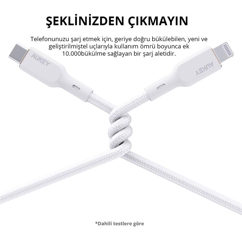 AUKEY CB-NCL1-WH NAYLON ÖRGÜLÜ 3A 480MBPS TYPE-C LIGHTNING KABLOSU 1.8MT -13895