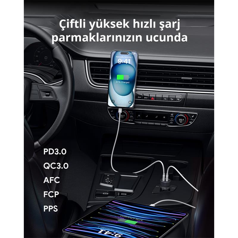 AUKEY CC-Y23-BK 65W İKİ TYPE-C PD ARAÇ ŞARJ CİHAZI -13871