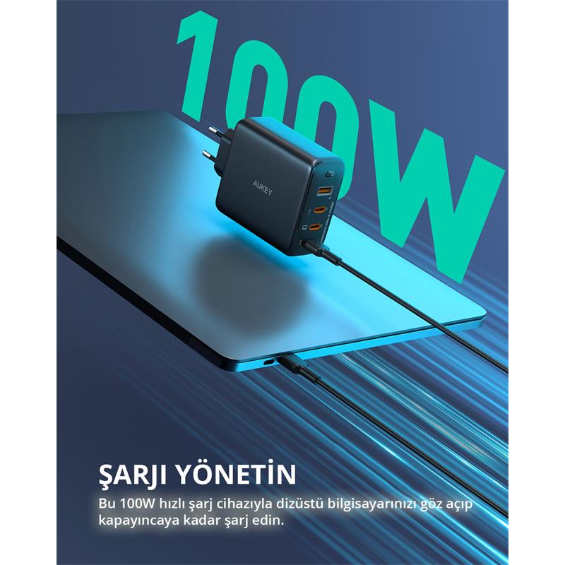 AUKEY PA-B7S-BK 100W DÖRT BAĞLANTI NOKTALI PD GAN DUVAR ŞARJ CİHAZI -13937