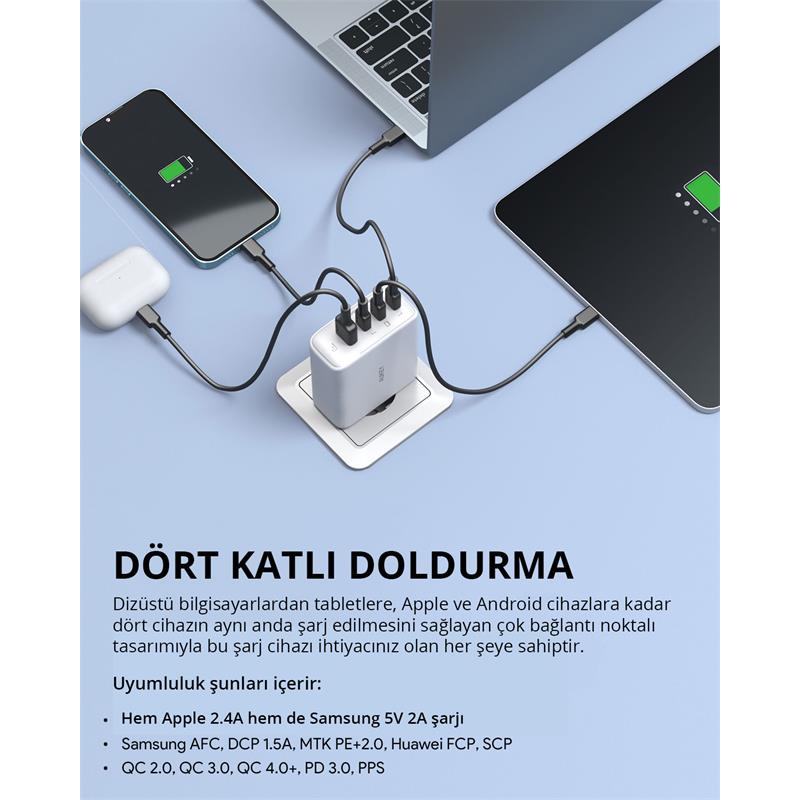 AUKEY PA-B7S-WH 100W DÖRT BAĞLANTI NOKTALI PD GAN DUVAR ŞARJ CİHAZI -13926