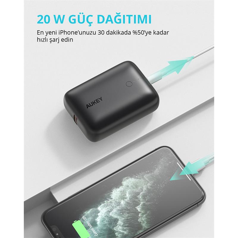 AUKEY PB-N83S-BK 22.5W SCP 18W PD VE QC 3.0 10000 MAH PD MİNİ TYPE-C POWERBANK -13907