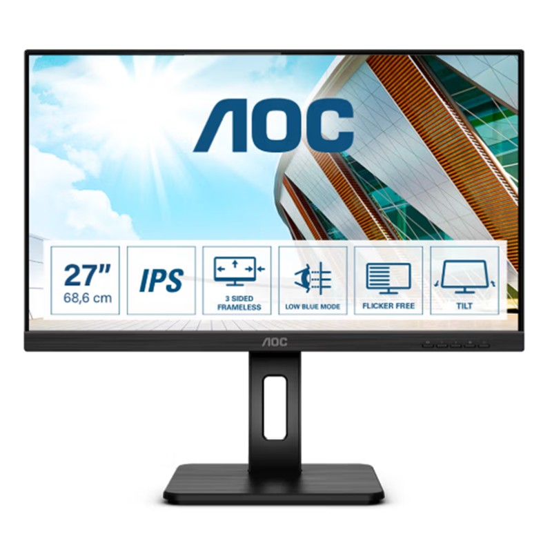 27 AOC Q27P2Q IPS 4MS 75MHZ 1XVGA 1XHDMI 1XDP 2K QHD 2560X1440 HOPARLÖR YÜKSEKLİK AYARI PIVOT VESA SİYAH 