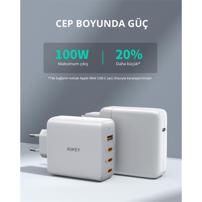 AUKEY PA-B7S-WH 100W DÖRT BAĞLANTI NOKTALI PD GAN DUVAR ŞARJ CİHAZI -3189783