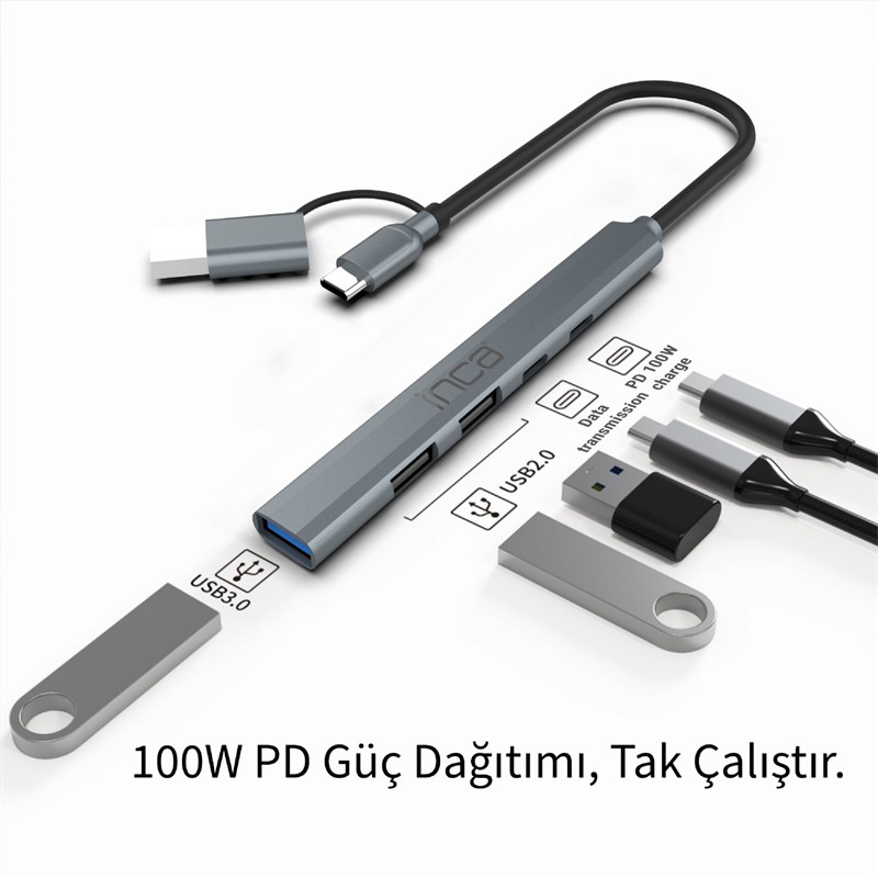 INCA IUTP-06T USB 3.0 TYPE-C 3.1 HUB 1 X USB 3.0 +2 X USB+TYPE-C+PD100W 2.0 ALUMINYUM KASA ÇOKLAYICI -4248573