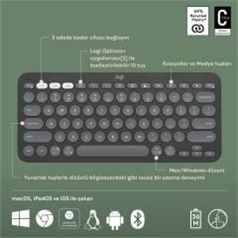 LOGITECH K380S PEBBLE KEYS 2 ÇOKLU CİHAZ ÖZELLİKLİ BLUETOOTH TÜRKÇE Q KLAVYE GRİ 920-011859 -3159393