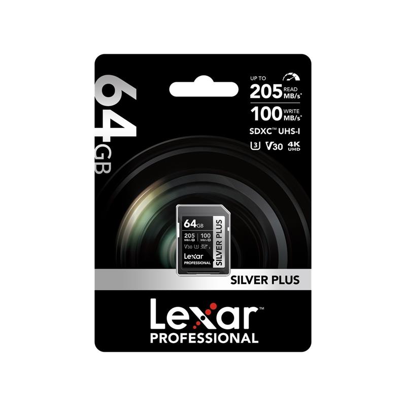 64GB LEXAR LSDSIPL064G-BNNNG PROFESSIONAL SILVER PLUS SDXC UHS-I CARDS UP TO 205MB/S READ 100MB/S WR -5009