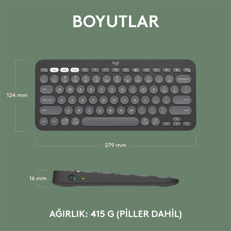 LOGITECH K380S PEBBLE KEYS 2 ÇOKLU CİHAZ ÖZELLİKLİ BLUETOOTH TÜRKÇE Q KLAVYE GRİ 920-011859 -7525