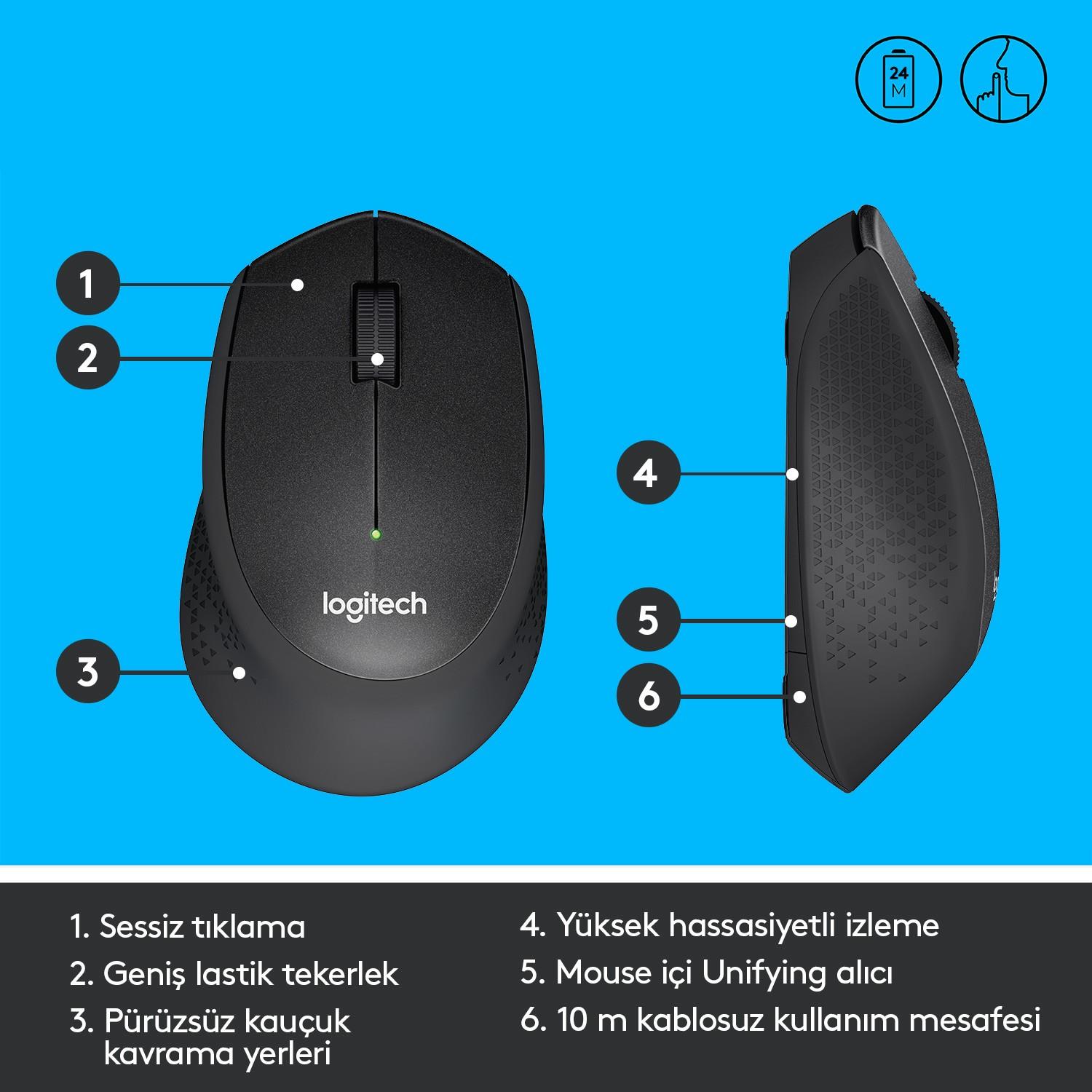 LOGITECH M330 KABLOSUZ SESSİZ USB OPTIK MOUSE SİYAH 910-004909 -6843