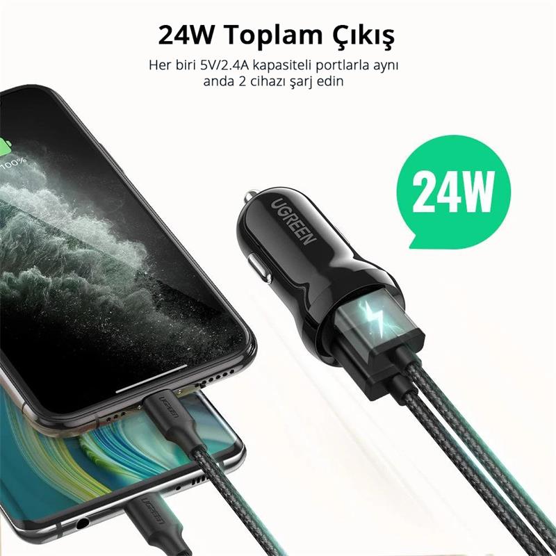 UGREEN 24W ARAÇ ÇAKMAKLIK ŞARJ CİHAZI 2XUSB-A SİYAH 50875 -11401