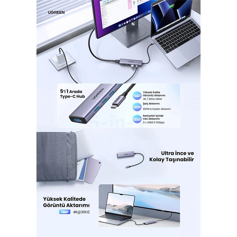 UGREEN 5IN1 USB-C 100W PD 4K HDMI HUB ÇOKLAYICI GRİ 15596 -11398