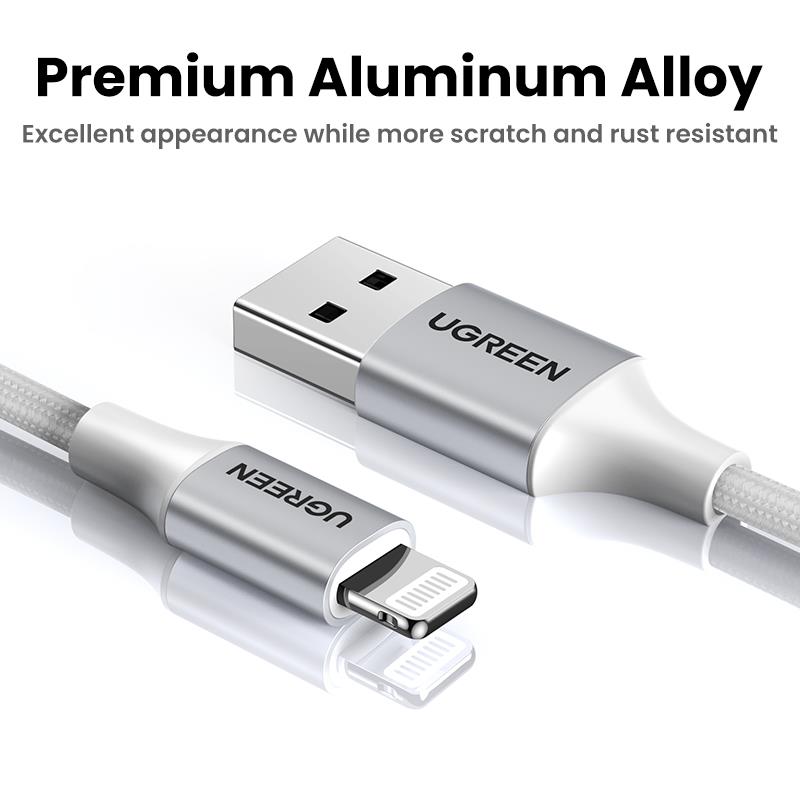 UGREEN LIGHTNING TO USB-A ÖRGÜLÜ MFİ SERTİFİKALI İPHONE HIZLI ŞARJ KABLOSU 2 METRE GÜMÜŞ 60163 -11413