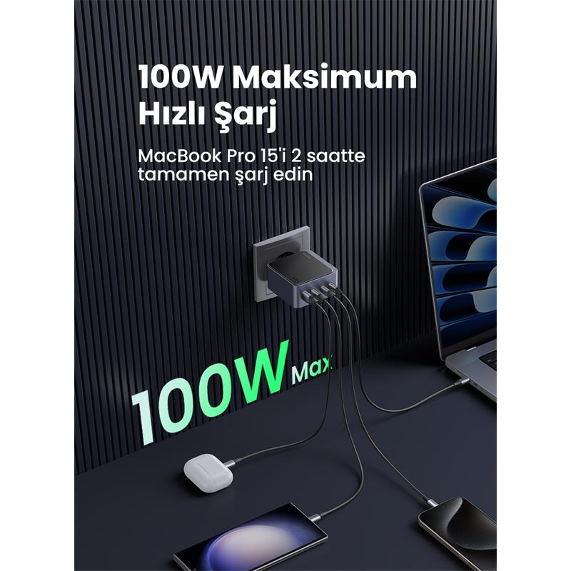 UGREEN NEXODE AIR 100W GAN HIZLI ŞARJ CİHAZI TYPE-C QC PD 3XUSB-C 1XUSB-A GRİ 35043 -10878