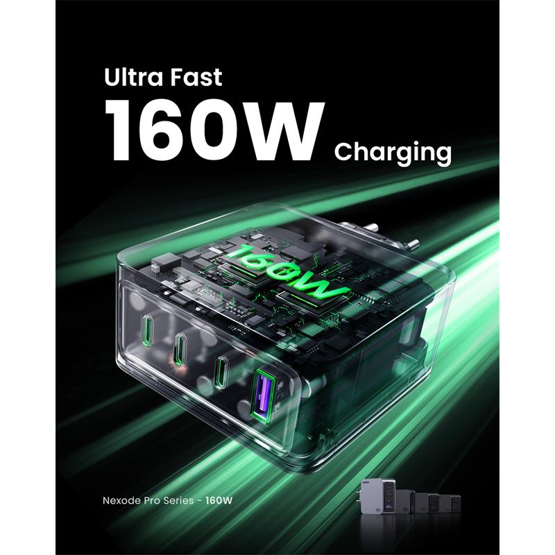 UGREEN NEXODE PRO 160W GAN HIZLI ŞARJ CİHAZI 100W KABLOLU TYPE-C QC PD 3XUSB-C 1XUSB-A GRİ 25877 -10851