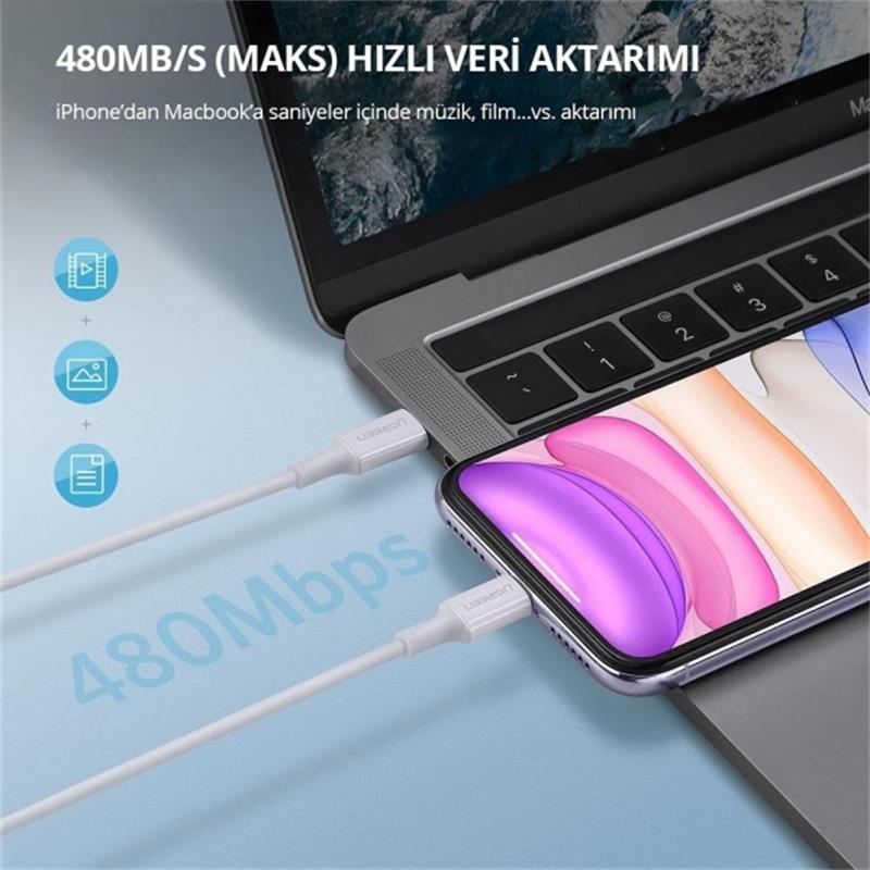 UGREEN TYPE-C TO LIGHTNING 3A PD MFİ SERTİFİKALI HIZLI ŞARJ KABLOSU 1 MT BEYAZ 10493 -10872