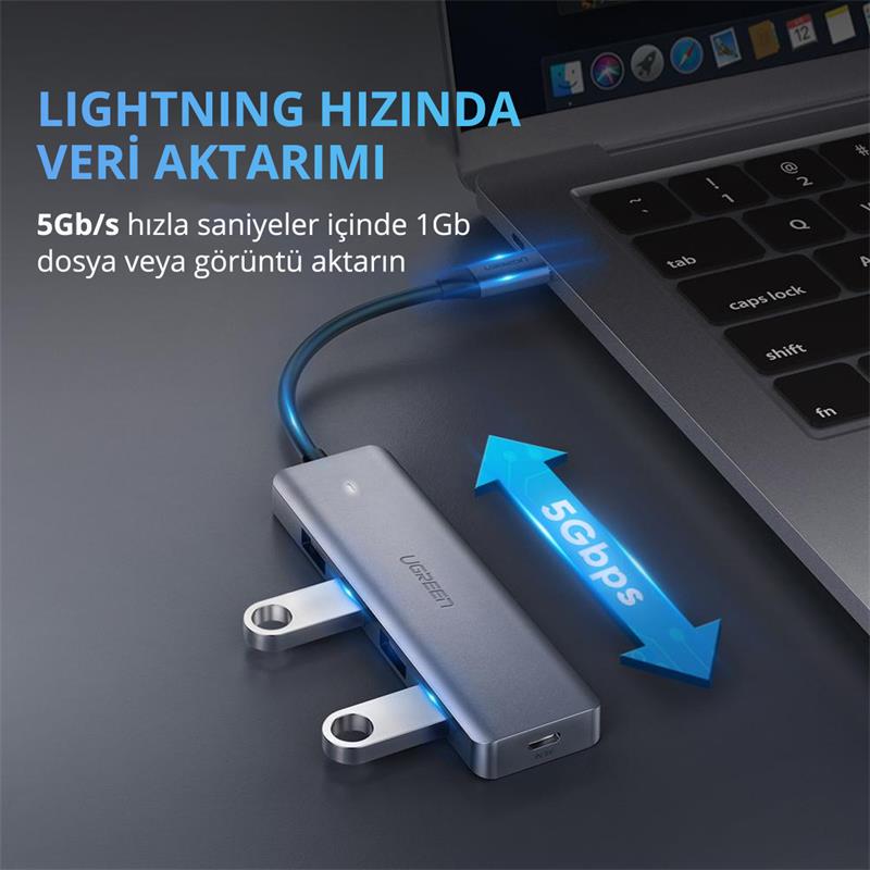UGREEN TYPE-C USB 3.0 4 PORT USB HUB ÇOKLAYICI GRİ 70336 -10882