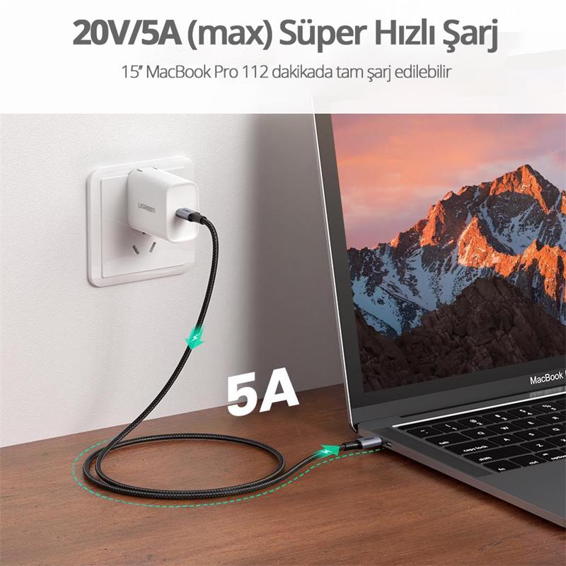 UGREEN USB-C 100W 5A QC PD ÖRGÜLÜ HIZLI ŞARJ KABLOSU 2 MT SİYAH 70429 -10828