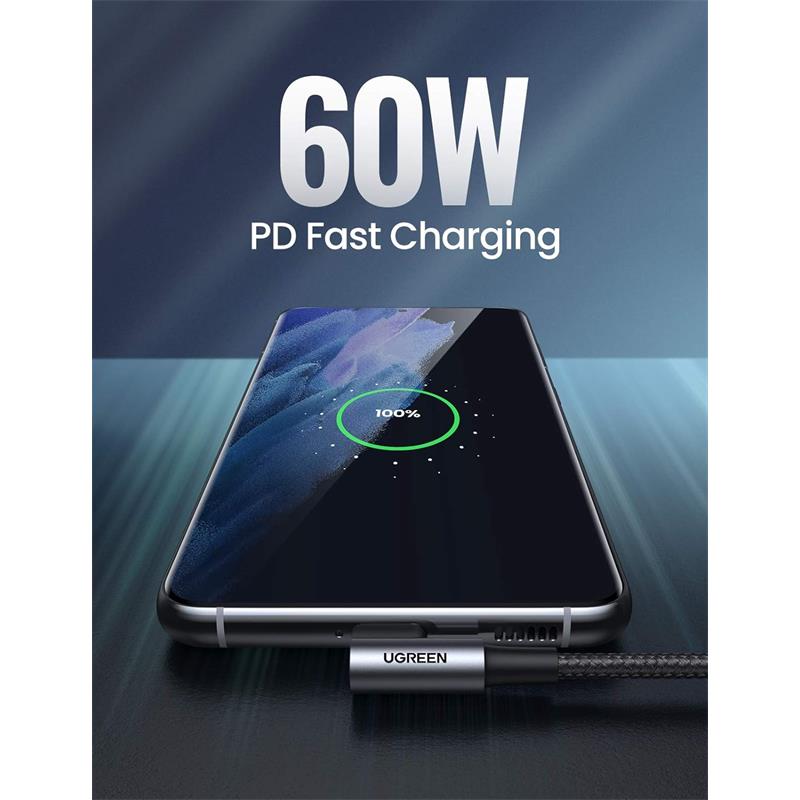 UGREEN USB-C 60W 3A QC PD ÇİFT TARAFI 90 DERECE ÖRGÜLÜ HIZLI ŞARJ KALOSU 2 MT SİYAH 70531 -10831
