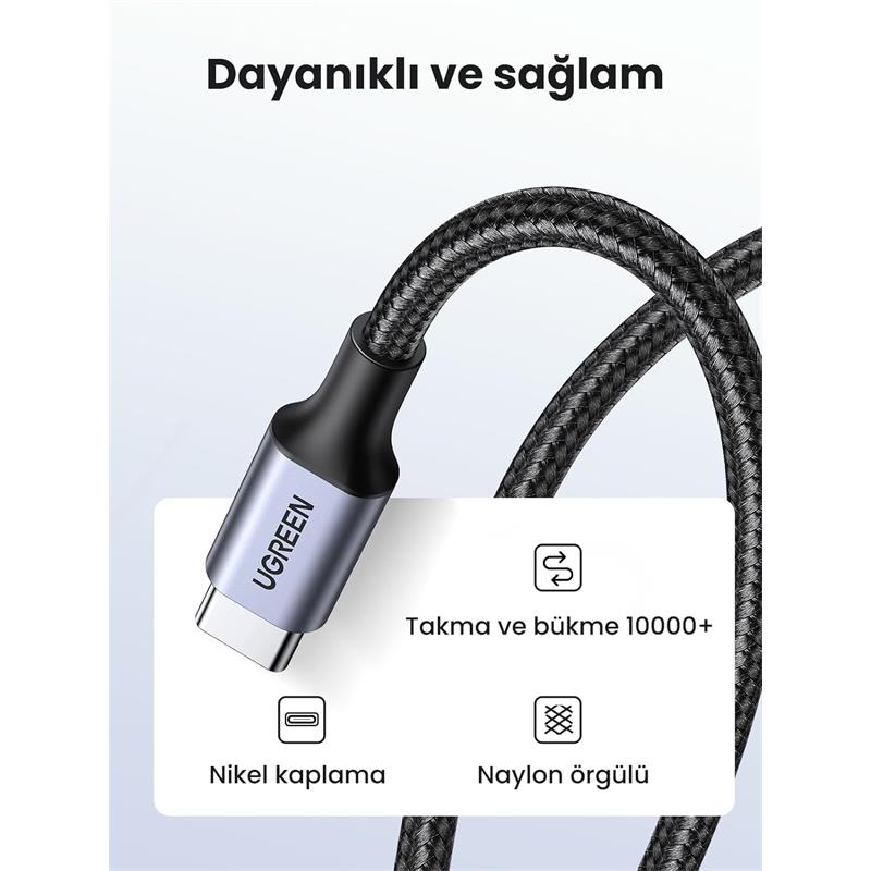UGREEN USB-C 60W 3A QC PD ÖRGÜLÜ HIZLI ŞARJ KABLOSU 1 MT SİYAH 50150 -10825