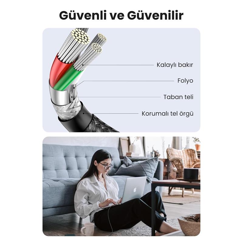 UGREEN USB-C 60W 3A QC PD ÖRGÜLÜ HIZLI ŞARJ KABLOSU 2 MT SİYAH 50152 -11421