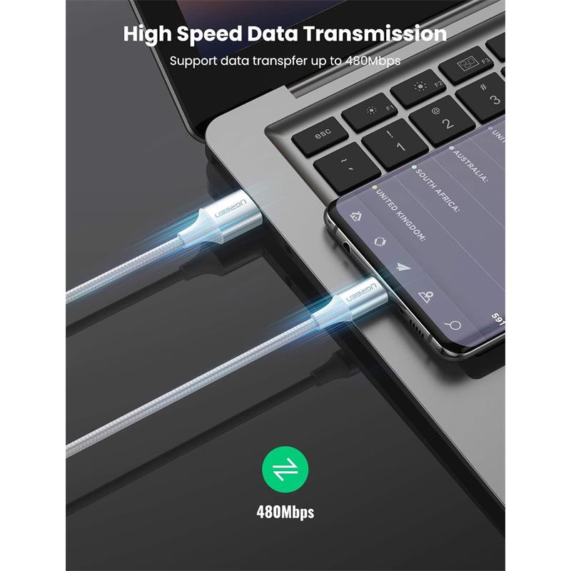 UGREEN USB-C TO USB-A 3A QC ÖRGÜLÜ HIZLI ŞARJ KABLOSU 2 MT GÜMÜŞ BEYAZI 60133 -10866